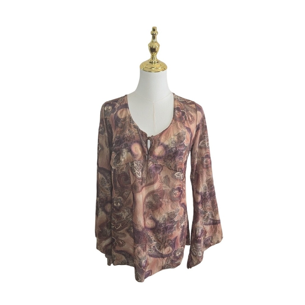Vintage‎ Paisley Bell Sleeve Blouse Keyhole Boho Whimsigoth Retro Large